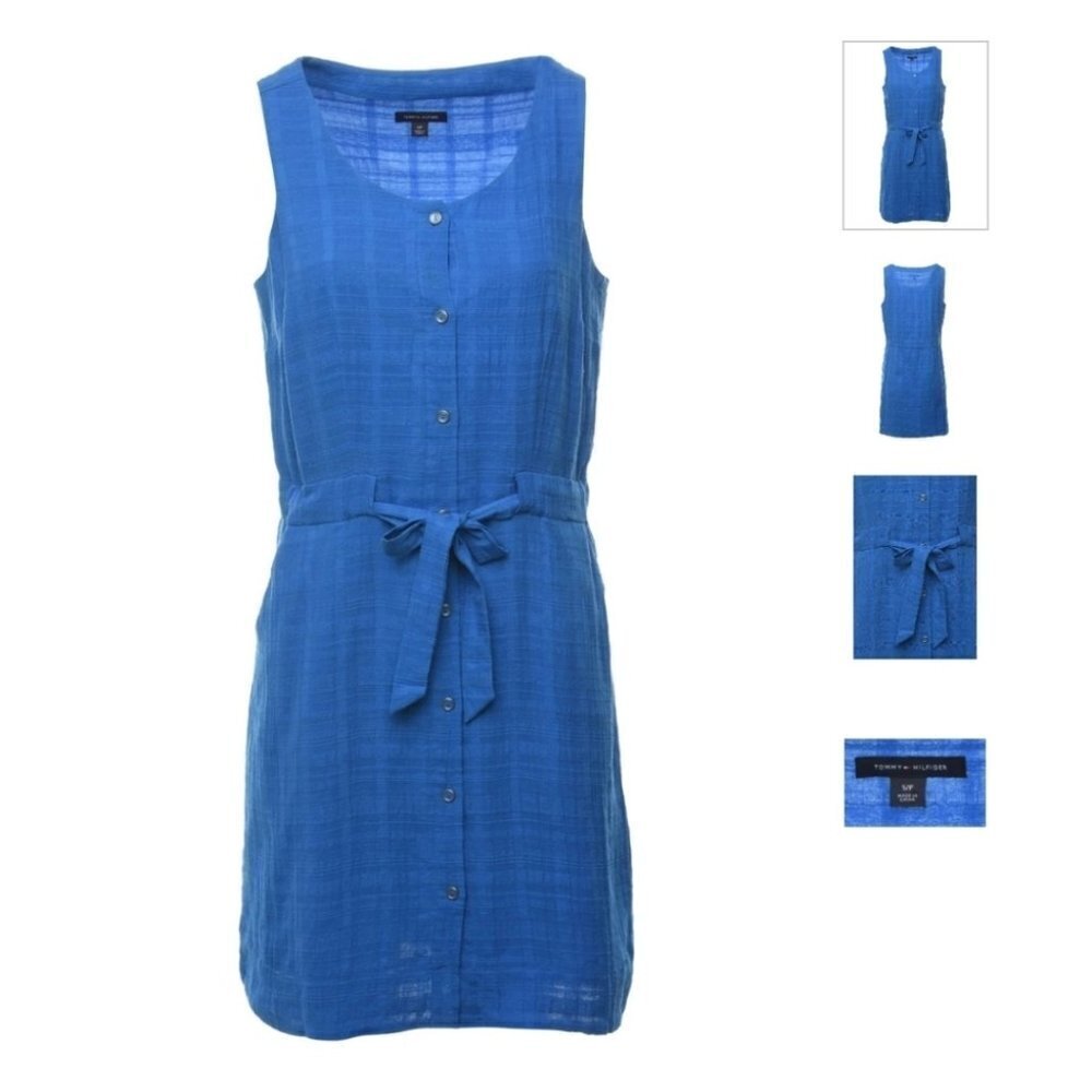 Tommy Hilfiger Blue Sleeveless Button-Front Tie-Waist Dress
